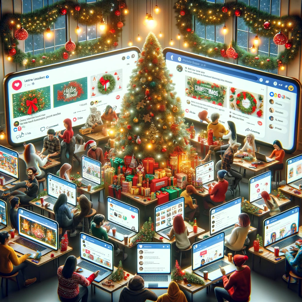 marketing festivo sui social media. L'immagine mostra una scena vivace con persone impegnate nell'utilizzo dei social media su vari dispositivi, circondate da decorazioni festive come luci di Natale, ornamenti e un albero di Natale.