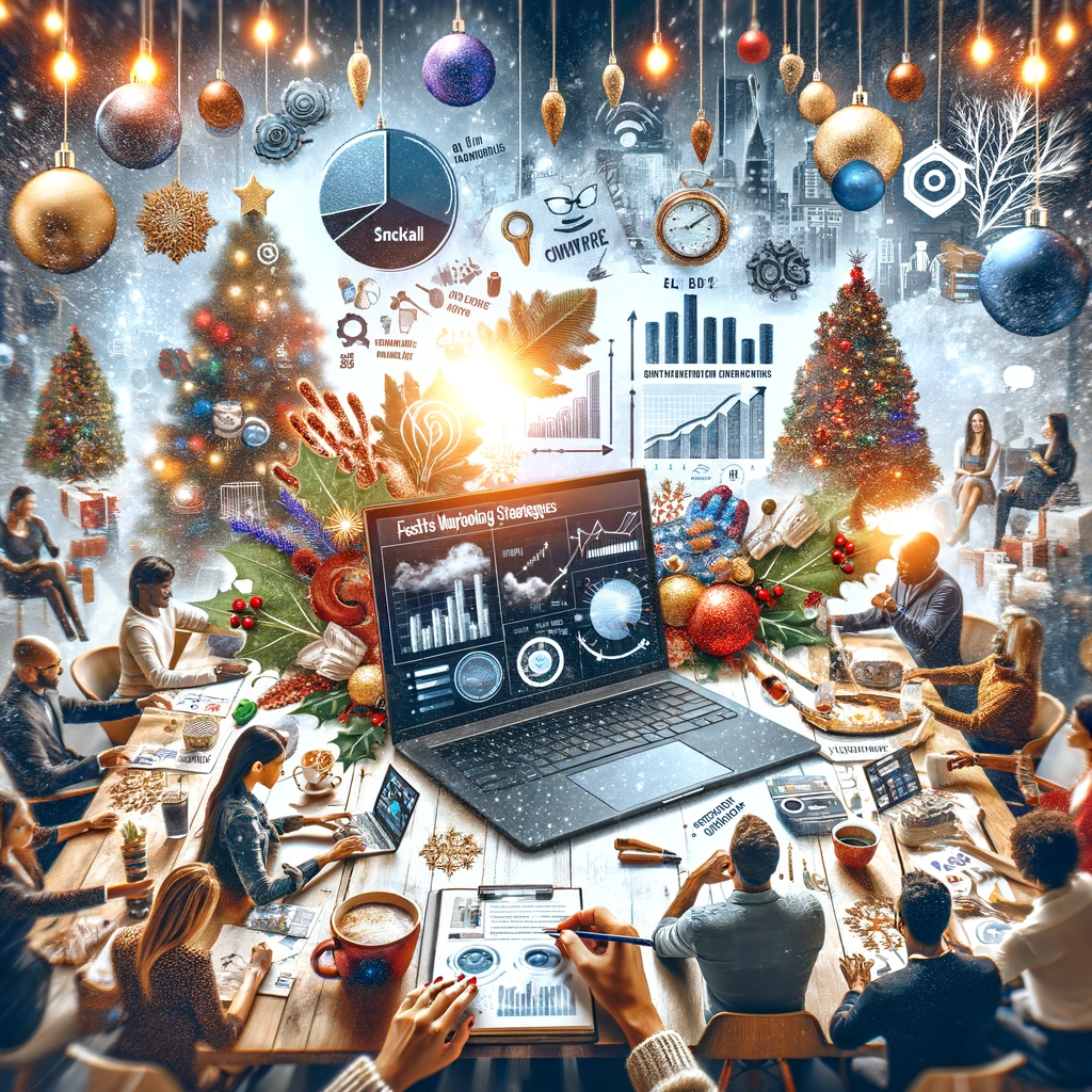 un laptop con analitiche social sullo schermo, un gruppo di influencer che discutono di una campagna, decorazioni festive come luci natalizie e ornamenti, e un piccolo imprenditore che pianifica una strategia di marketing