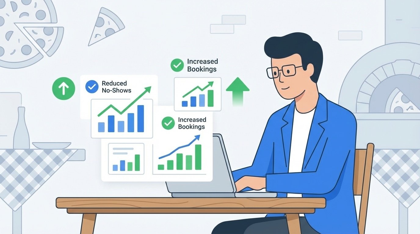 Proprietario di ristorante sardo che controlla analytics delle prenotazioni su laptop Posizione: All'inizio della sezione "Quali vantaggi concreti ottiene un ristorante sardo?"